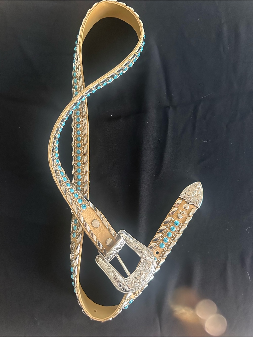 Kippys Tan Belt with Turquoise Stones and Engraved Silver Buckle - Picture 9 of 11